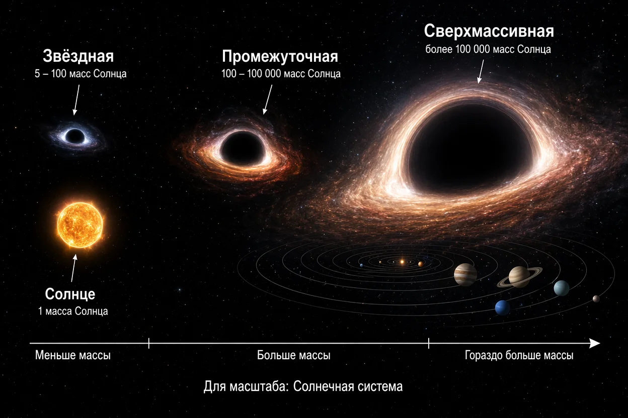 Черная дыра в галактике — сравнение размеров звёздной и сверхмассивной черных дыр относительно Солнечной системы