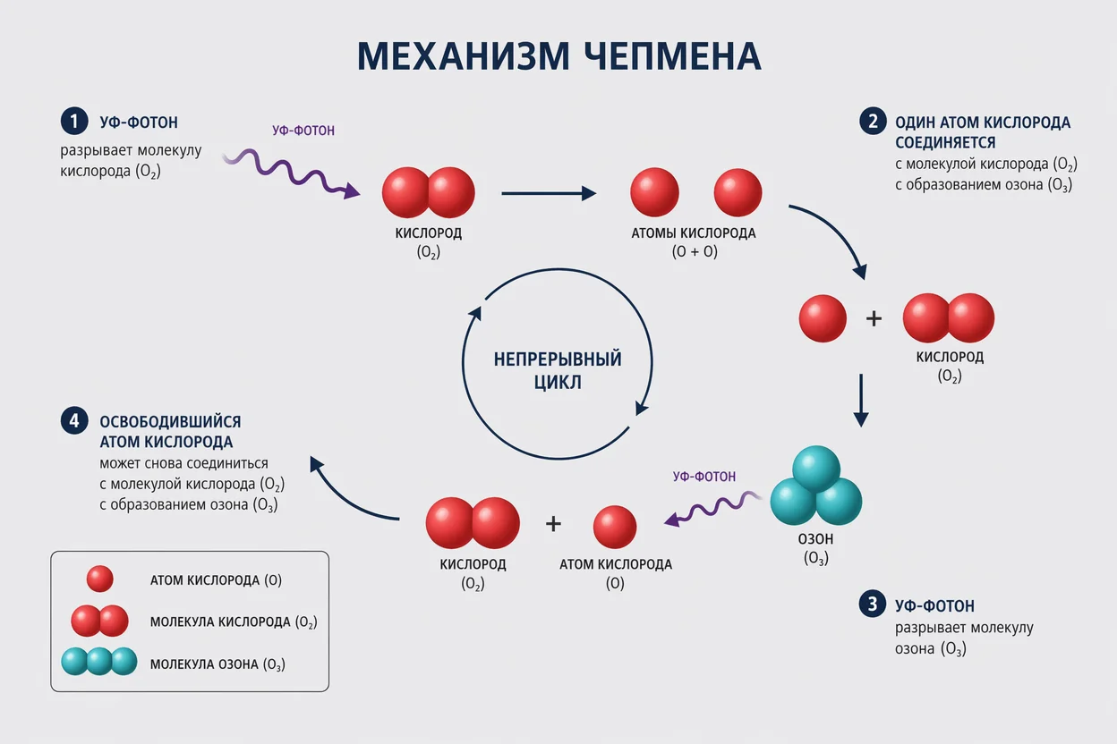 Механизм Чепмена — цикл образования и разрушения озона под действием ультрафиолета