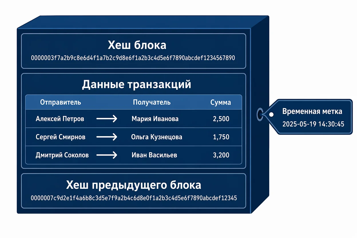 Как работает блокчейн — структура одного блока с хешем, данными и временной меткой