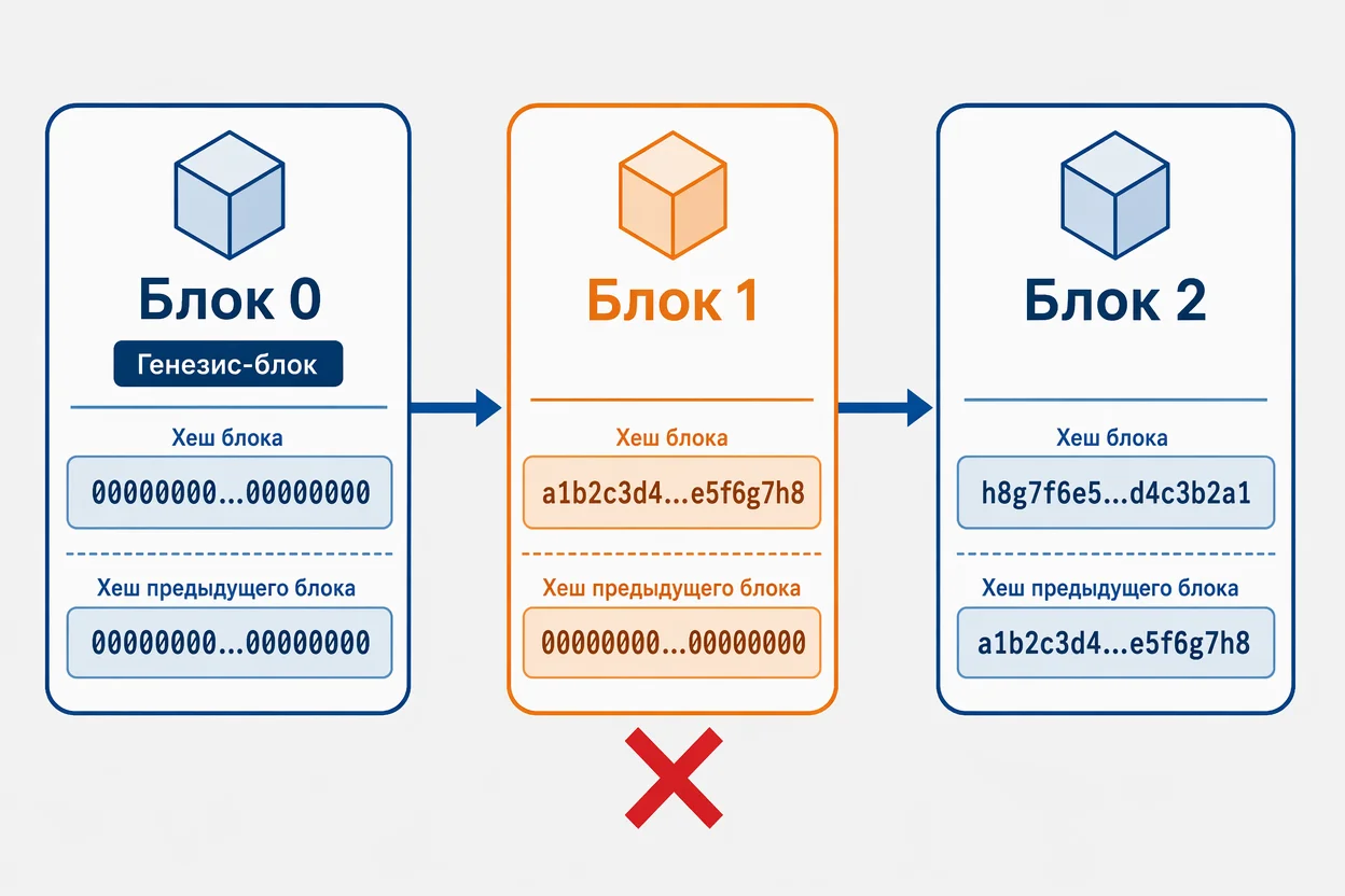 Как работает блокчейн технология — цепочка из трёх связанных блоков с хешами