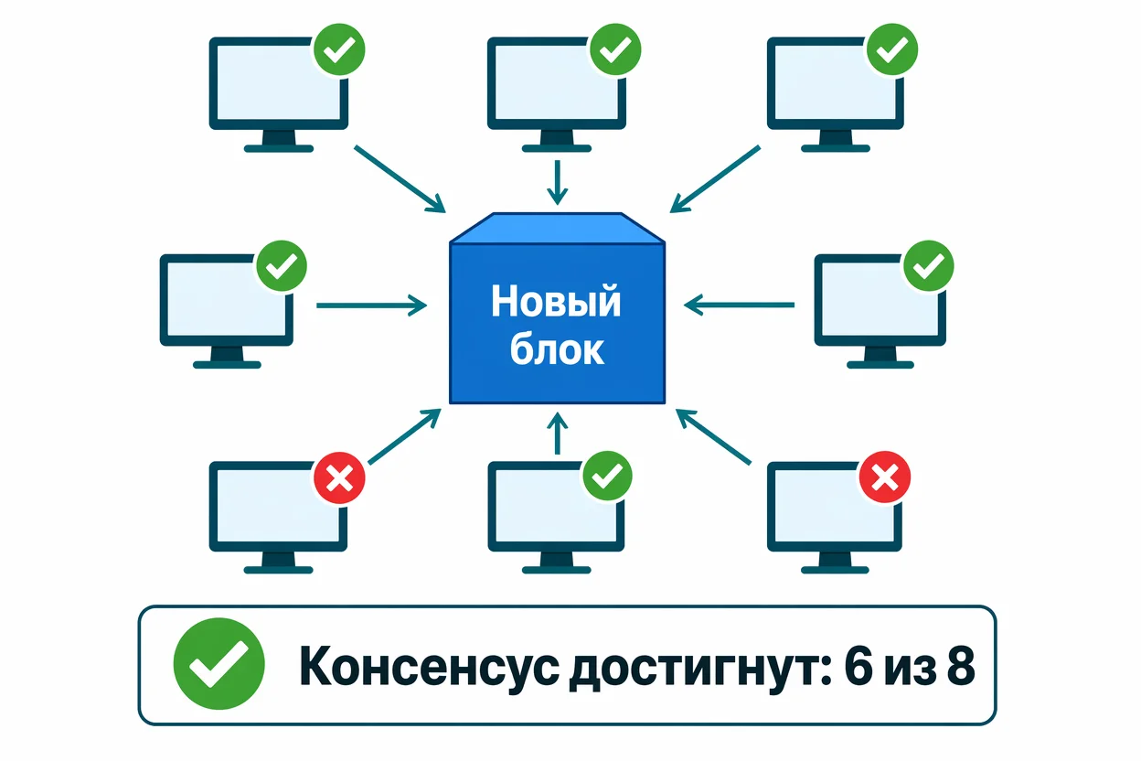 Консенсус в блокчейне — схема голосования узлов сети за валидность блока