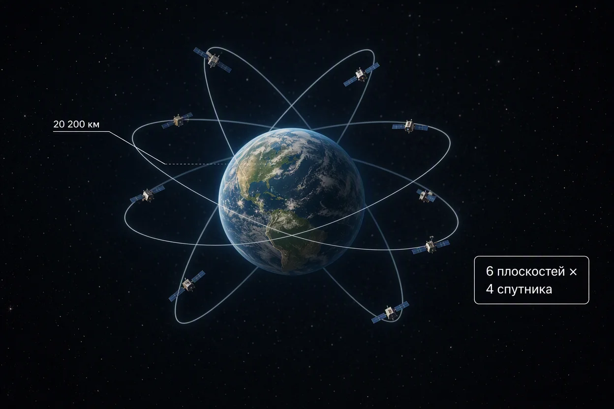 Спутники GPS — созвездие из 31 аппарата на орбите 20 200 км в шести орбитальных плоскостях