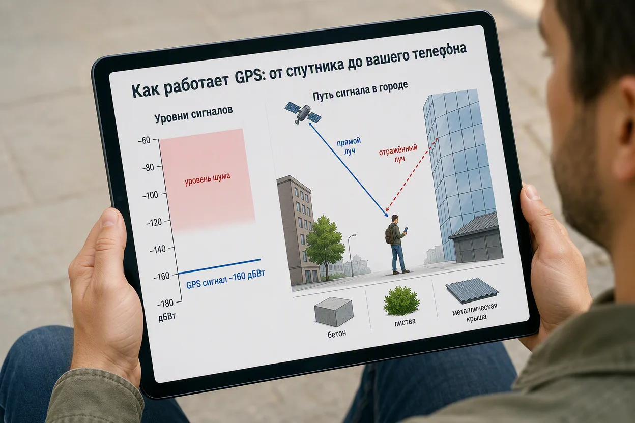 GPS сигнал — график мощности ниже уровня шума и препятствия: бетон, металл, листва, стекло