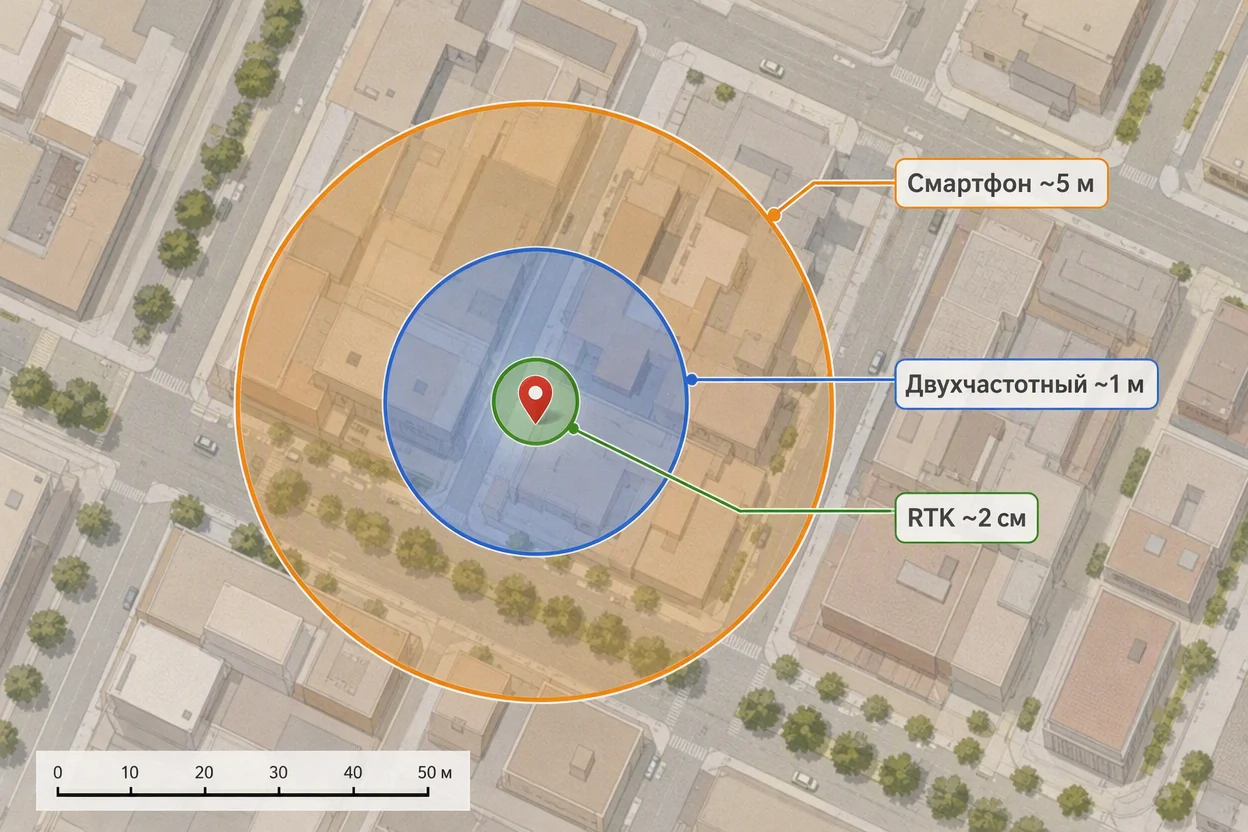 Точность GPS — сравнение радиусов погрешности 5 м, 1 м и 2 см на карте городского квартала