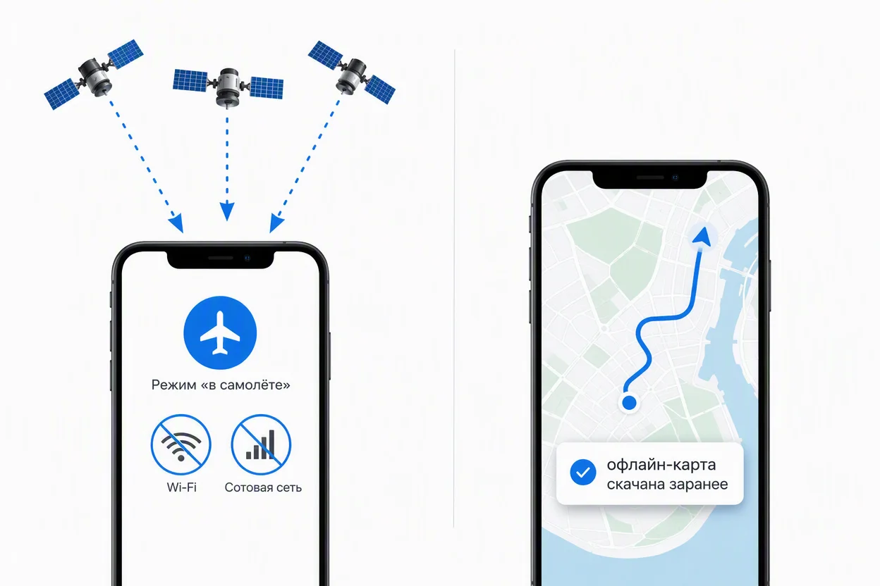 GPS без интернета — приёмник в режиме полёта принимает спутники и строит трек по офлайн-карте