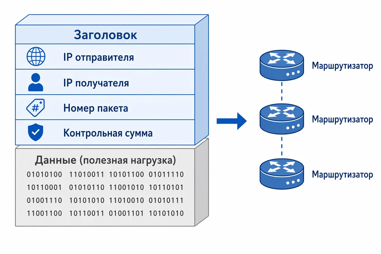 Пакетная передача данных — структура IP-пакета с заголовком и полезной нагрузкой