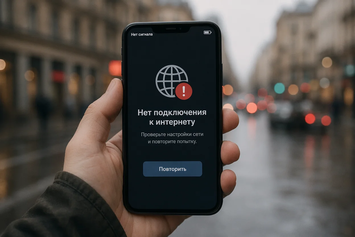 Как работает интернет через телефон: экран смартфона без сигнала сети в руке пользователя