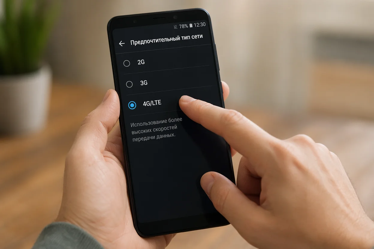 Интернет через телефон шаг 4: выбор типа сети 4G LTE в настройках смартфона