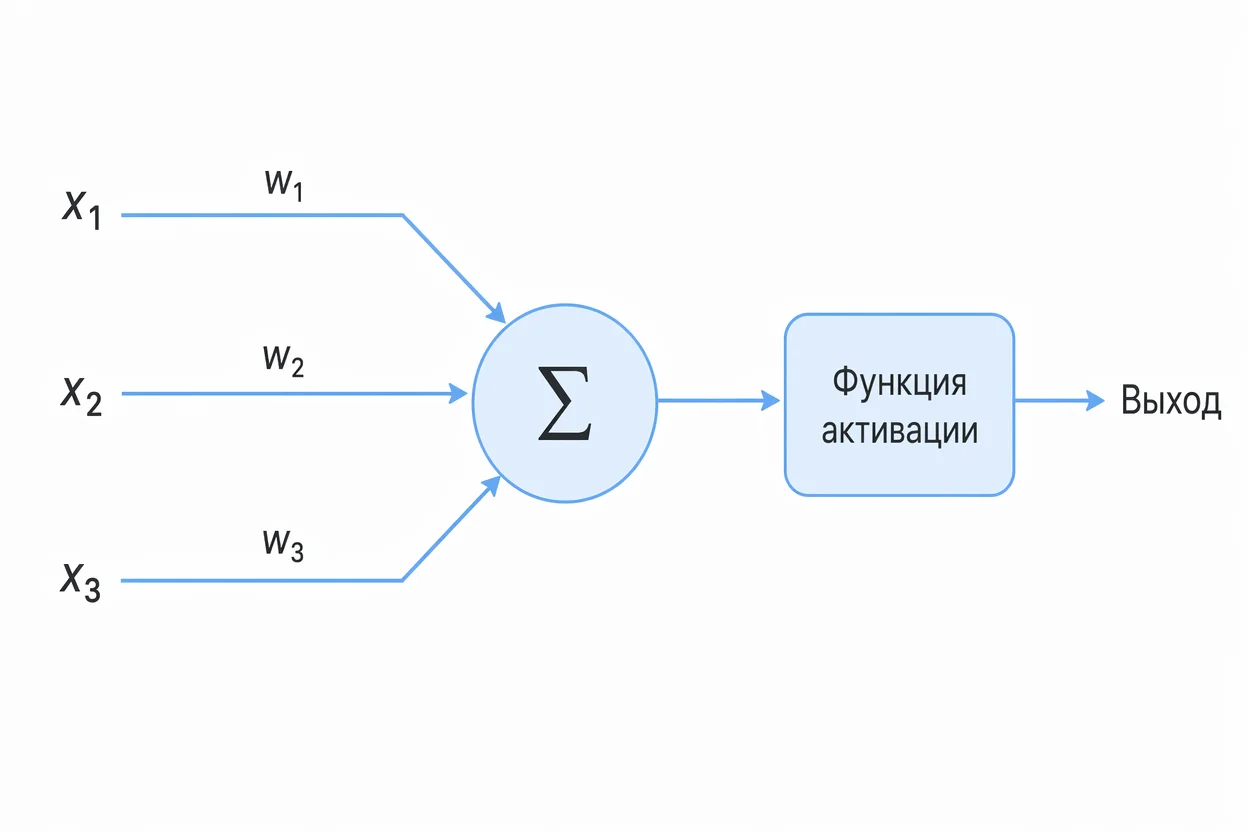 Как работает искусственный интеллект — схема искусственного нейрона с весами и активацией