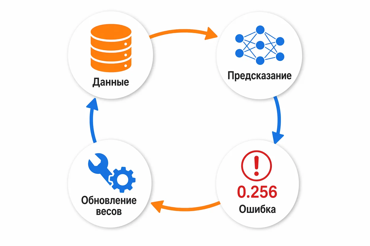 Цикл обучения нейросети — данные, предсказание, ошибка, корректировка весов