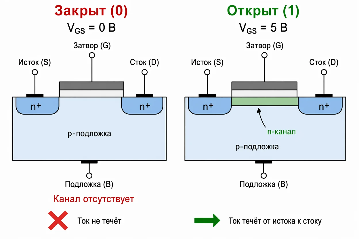 Как работает процессор — транзистор в роли переключателя, схема открытого и закрытого состояния