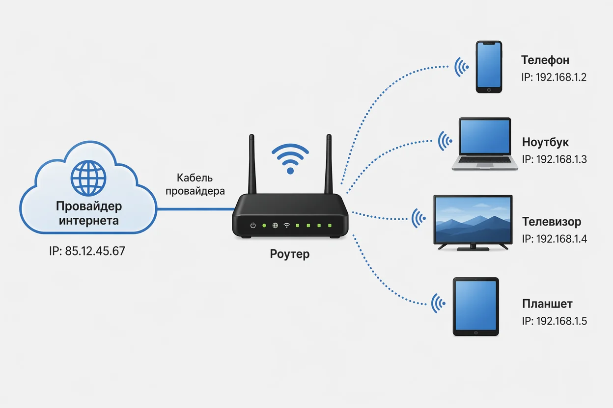 Как работает роутер Wi-Fi: кабель провайдера → роутер → четыре устройства с IP-адресами локальной сети