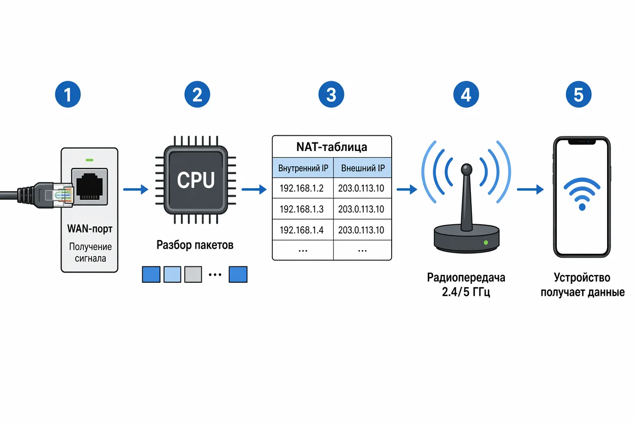 Как работает роутер Wi-Fi в обратном направлении — схема пути пакета от WAN-порта через NAT к устройству
