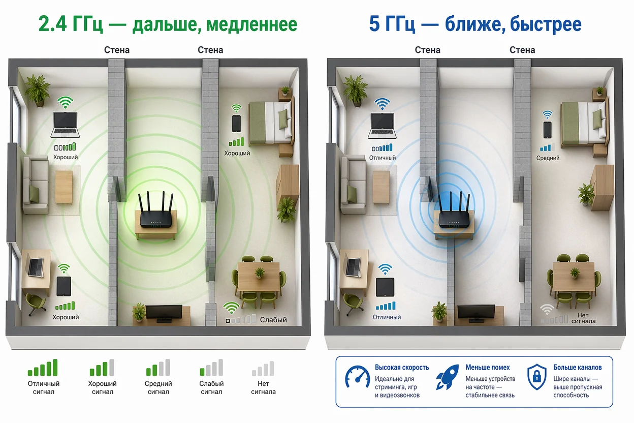 Как работает роутер Wi-Fi на частотах 2.4 и 5 ГГц — сравнение дальности сигнала через стены