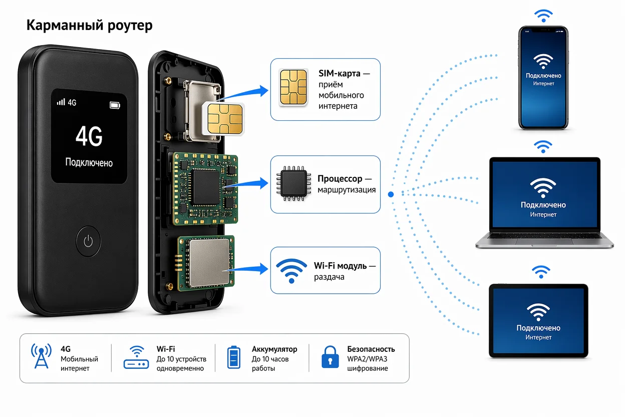 Как работает роутер Wi-Fi в кармане: SIM-карта → процессор → Wi-Fi модуль → телефон и ноутбук