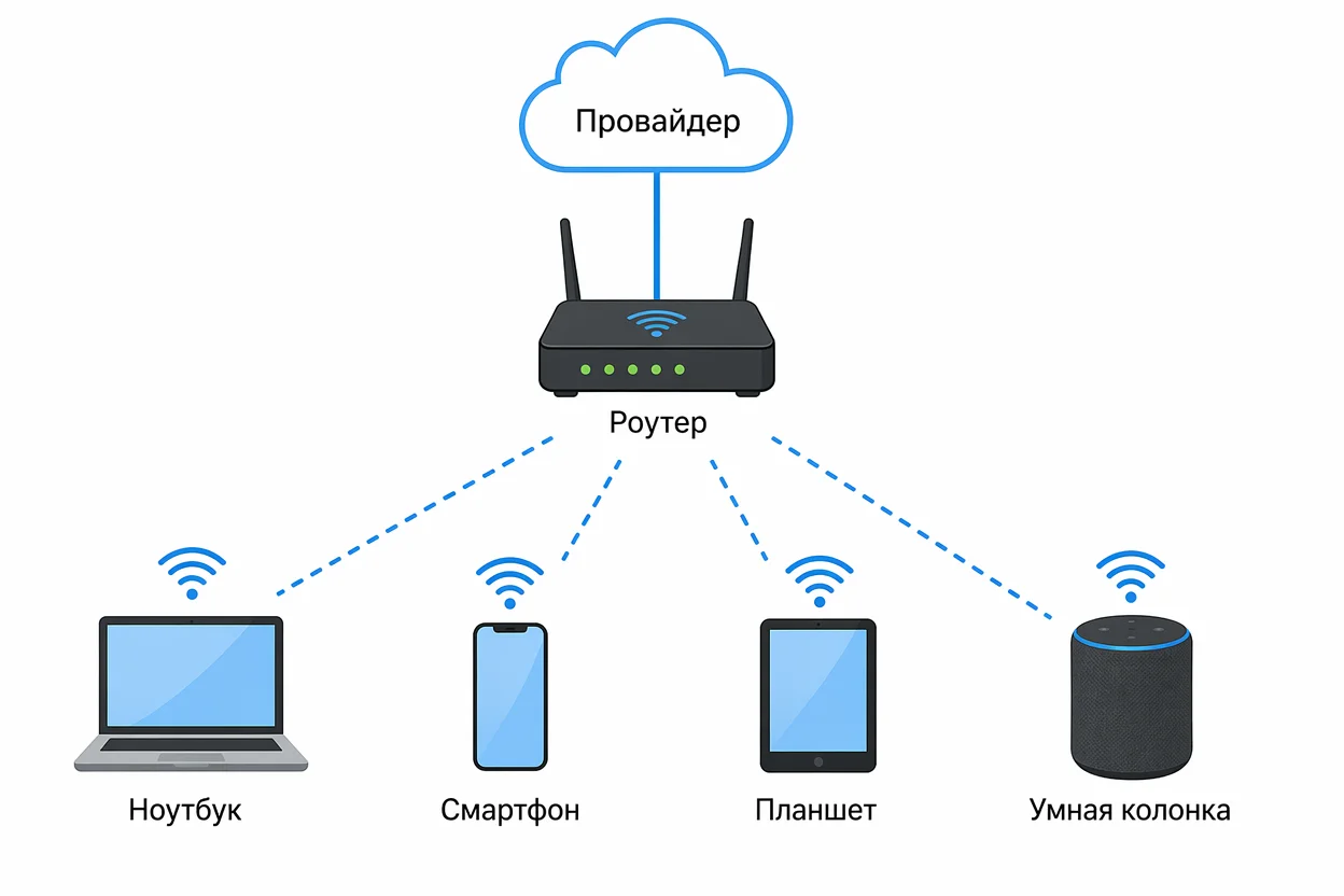 Как работает сеть Wi-Fi — топология домашней сети с роутером, провайдером и устройствами