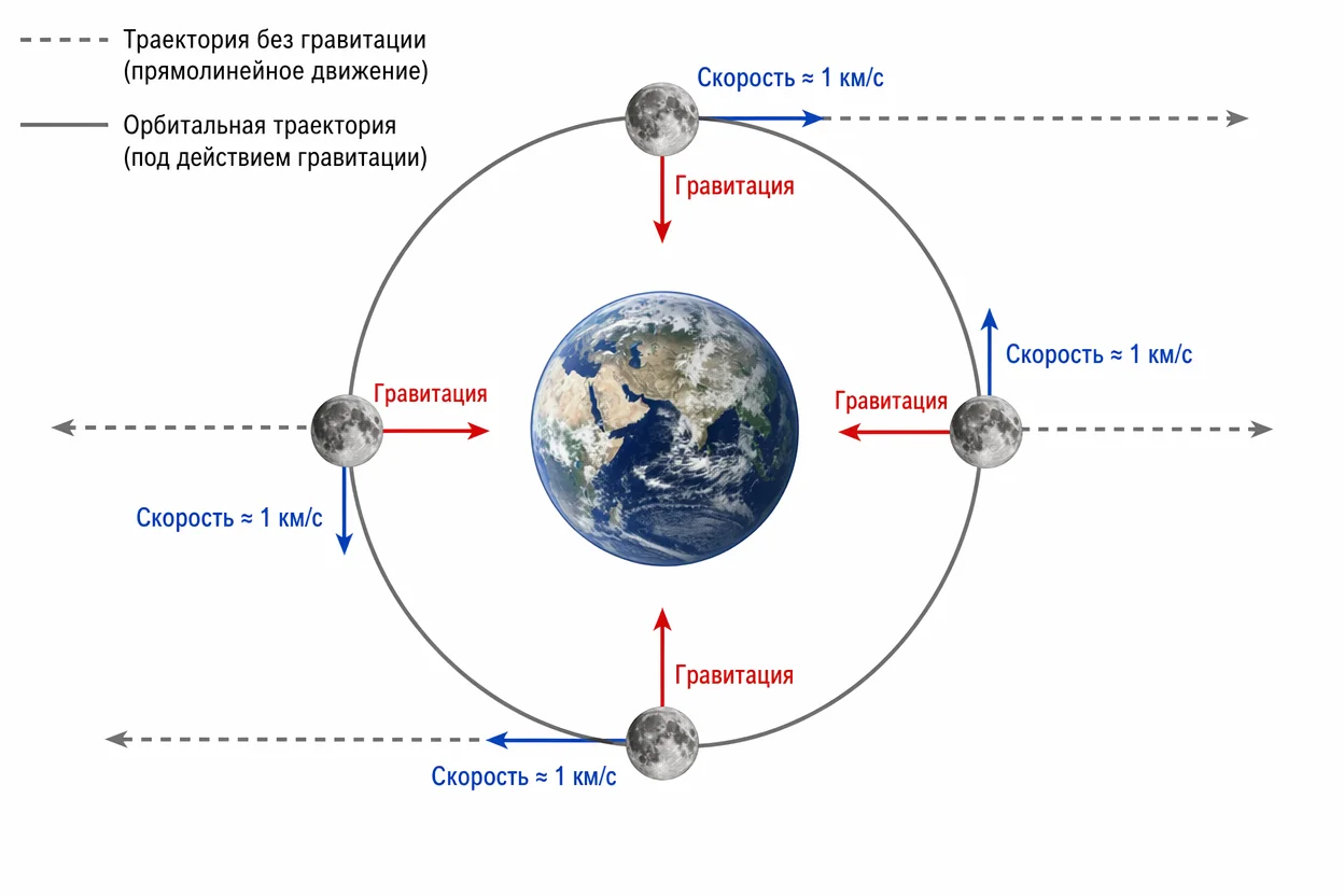 Почему Луна не падает на Землю — баланс гравитации и орбитальной скорости, инфографика
