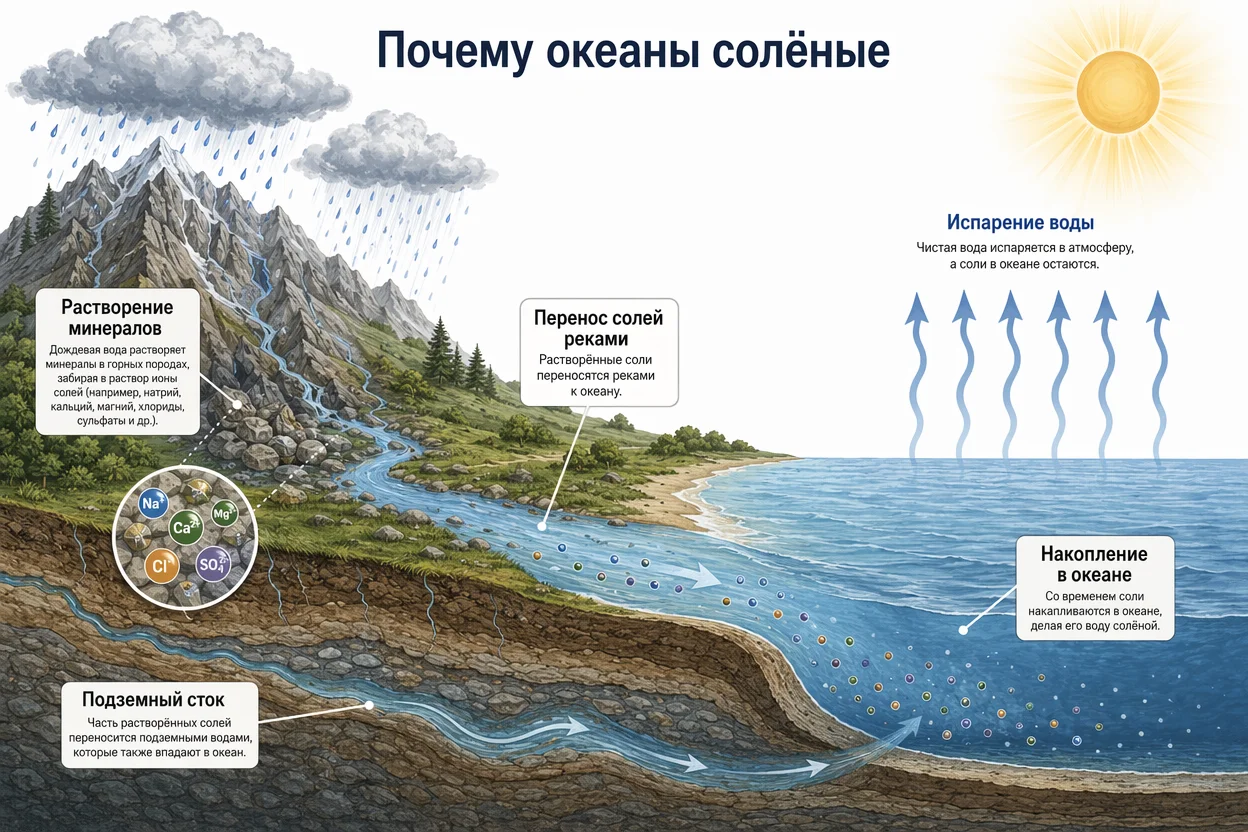Почему моря и океаны соленые — вымывание минералов из горных пород реками в океан, инфографика