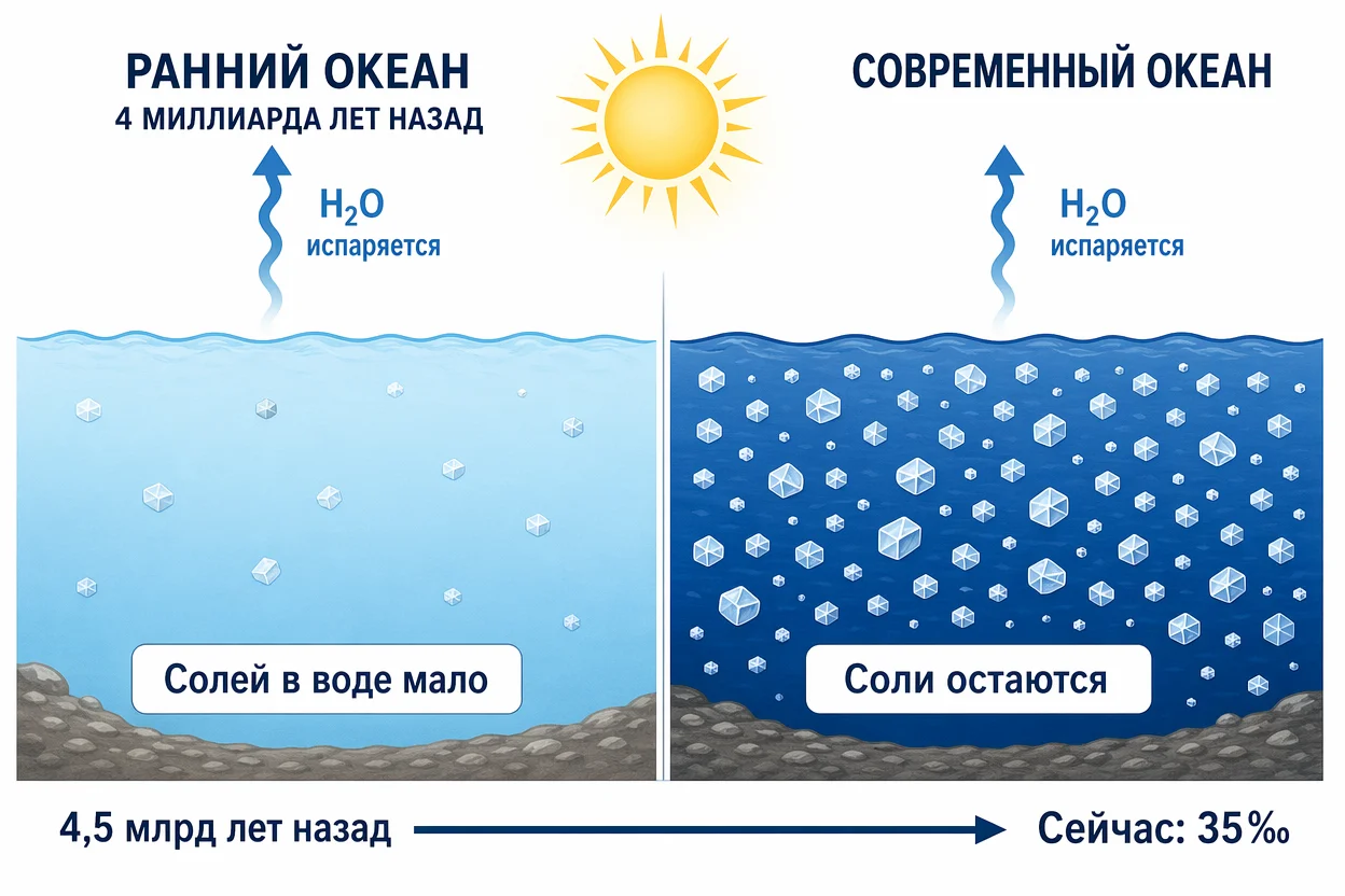 Солёность морей и океанов — испарение воды концентрирует соли в мировом океане, инфографика