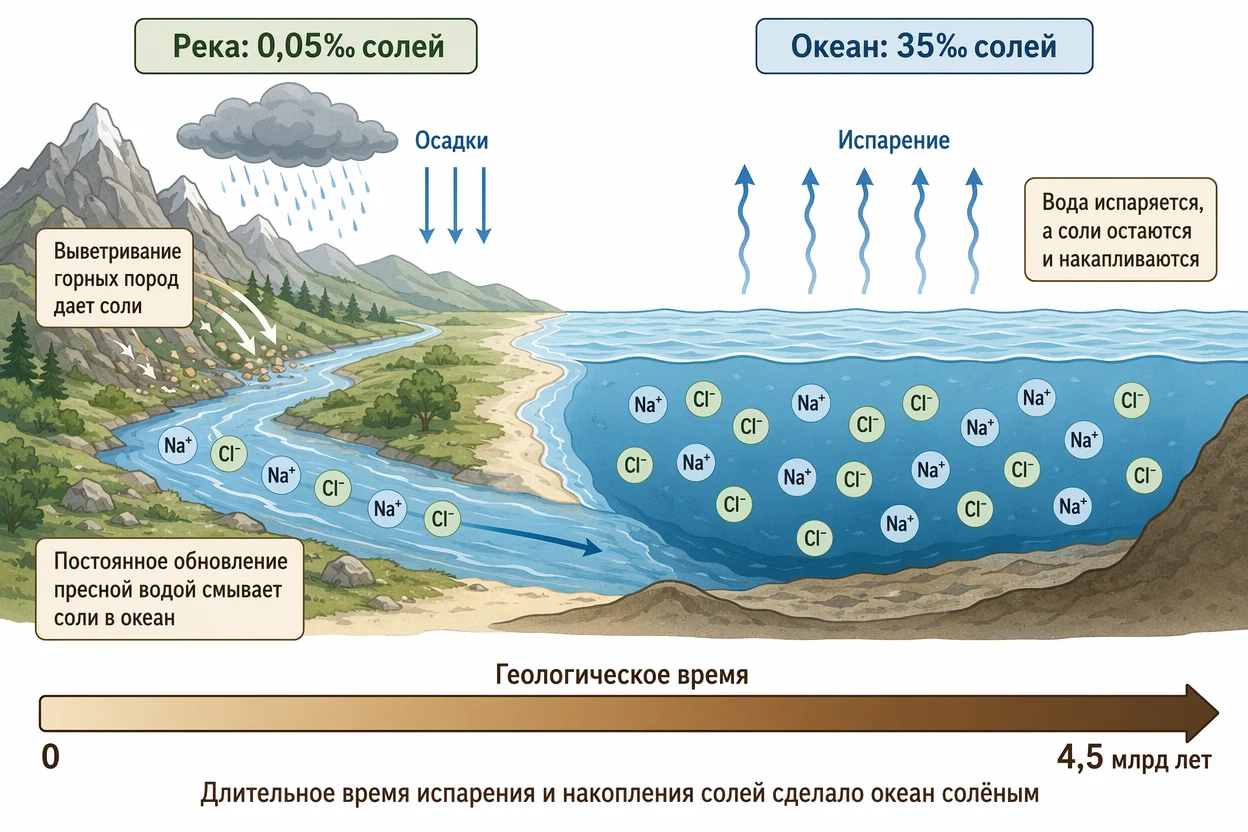 Почему реки пресные а океан солёный — схема накопления солей за миллиарды лет, инфографика