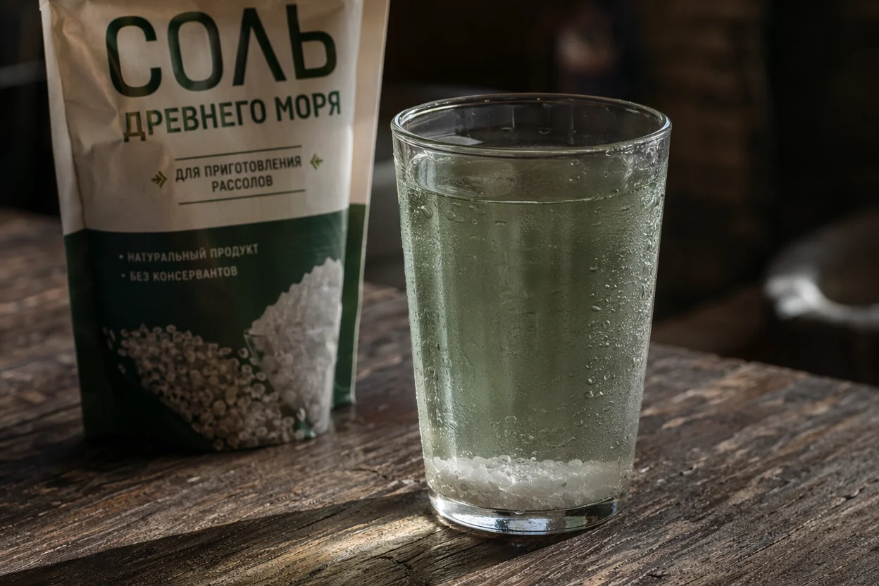 Почему океан соленый — стакан морской воды с осадком соли на дне, крупный план