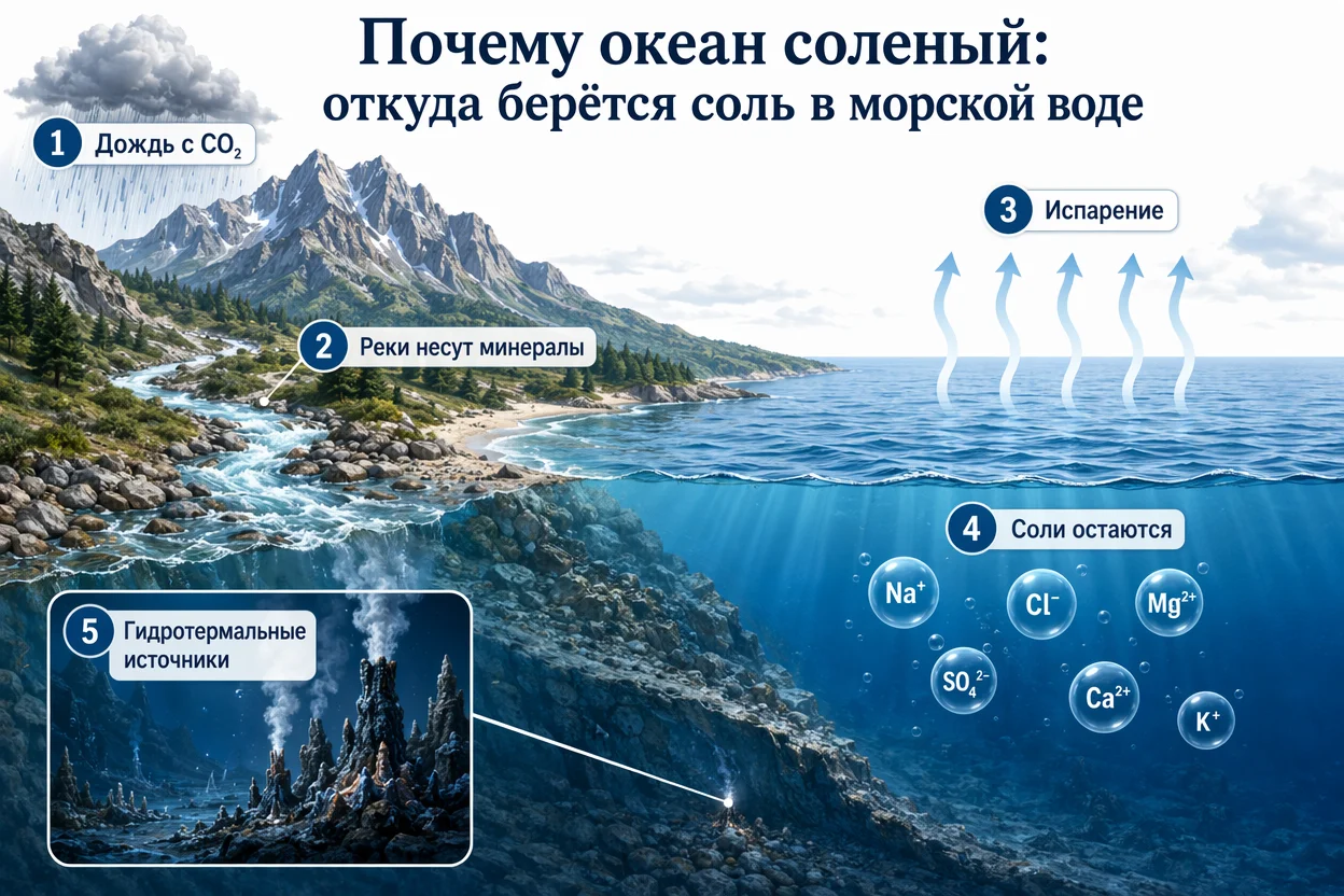 Почему океан соленый — цикл переноса минералов от горных пород к океану, инфографика