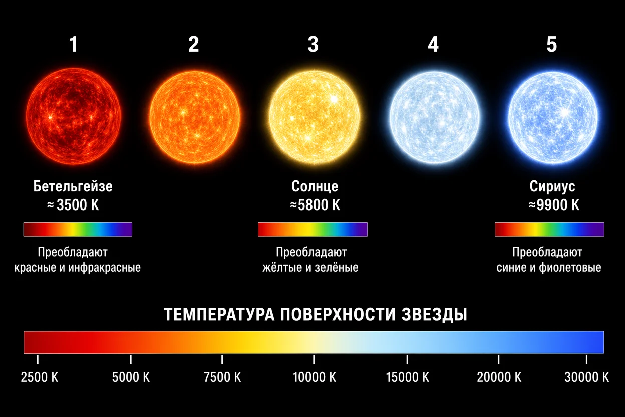 Почему звезды мерцают разными цветами — температура звезды определяет исходный цвет излучения, инфографика