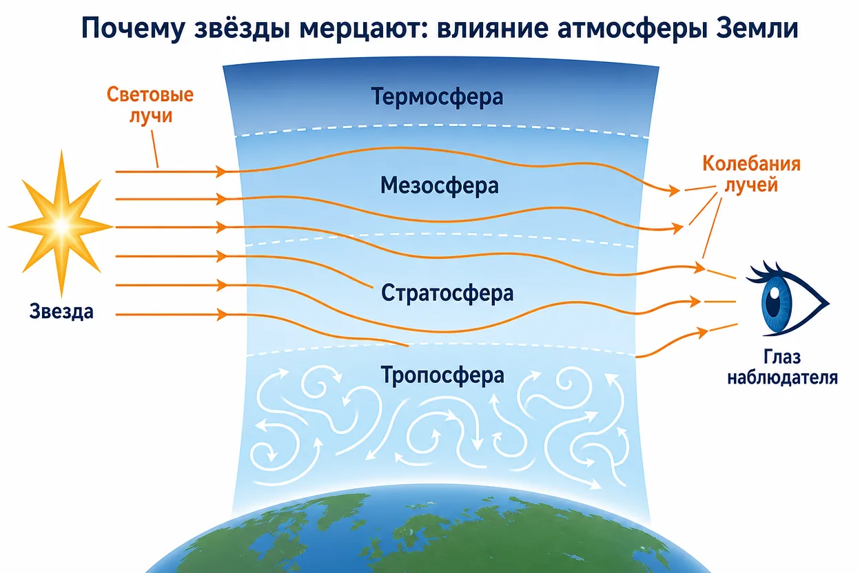 Почему звезды мерцают — свет проходит слои атмосферы → луч отклоняется турбулентностью, инфографика