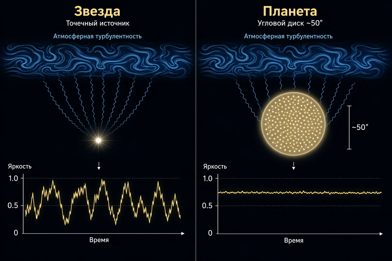 Почему планеты мерцают меньше звёзд — точечный источник против углового диска, сравнительная инфографика